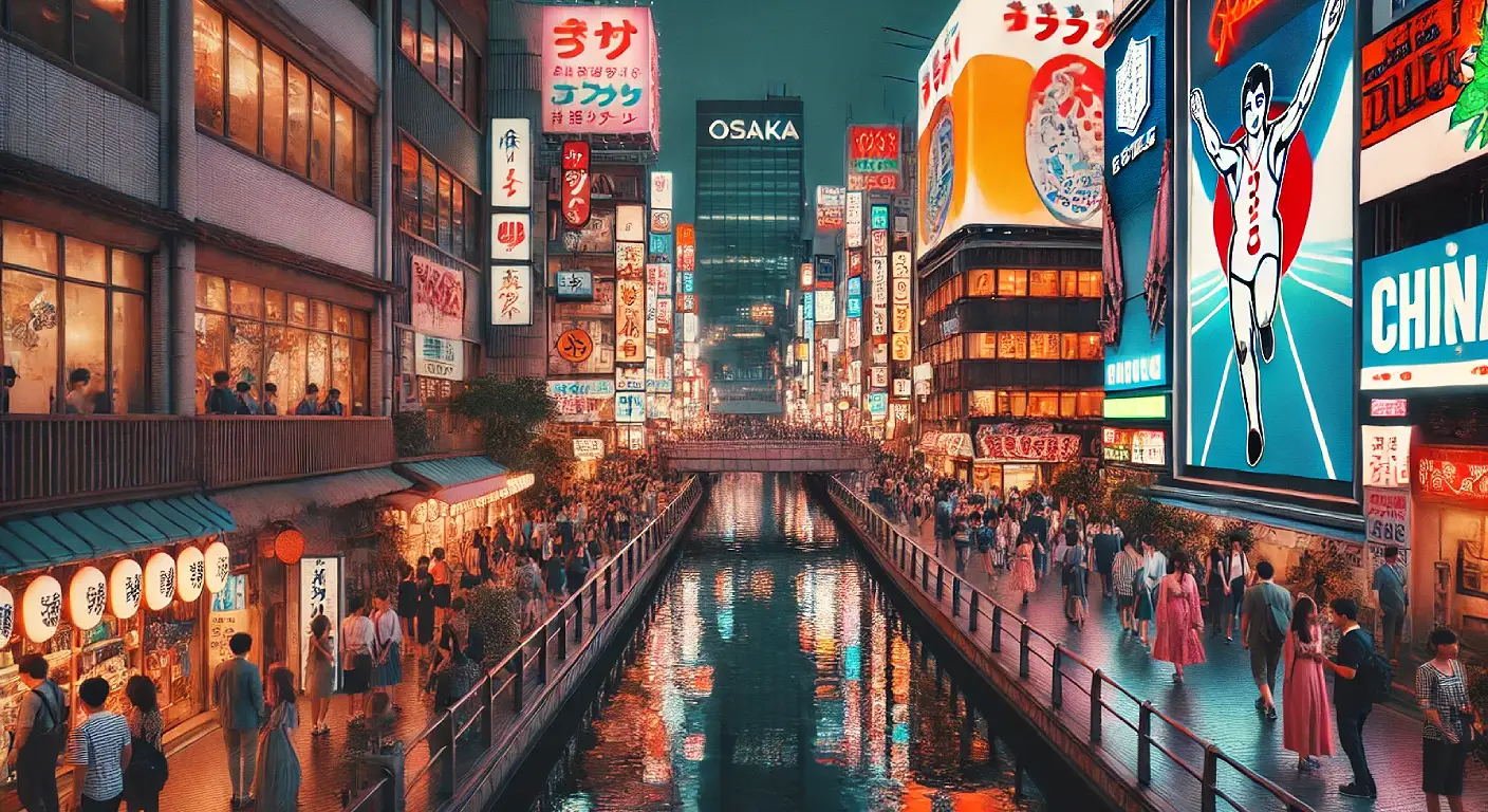 Osaka tour package – night view of Dotonbori with tourists and neon signage.