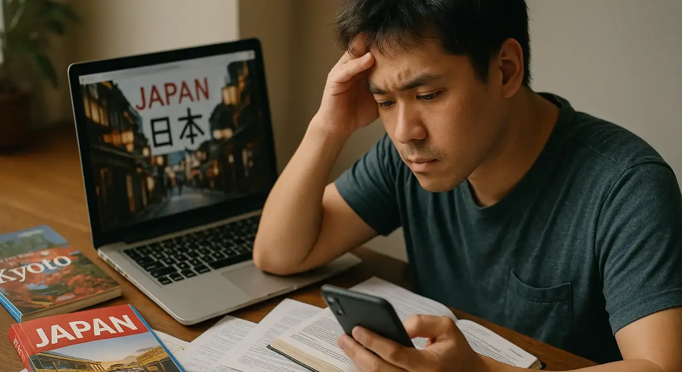 Solo traveler planning a Japan trip with maps, laptop, and guidebooks at a desk.