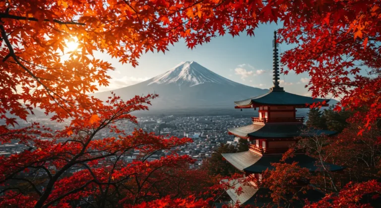 Muslim-Friendly Japan Tour Package for Families — scenic autumn view of Mount Fuji framed by vibrant red maple leaves, with a cityscape below.