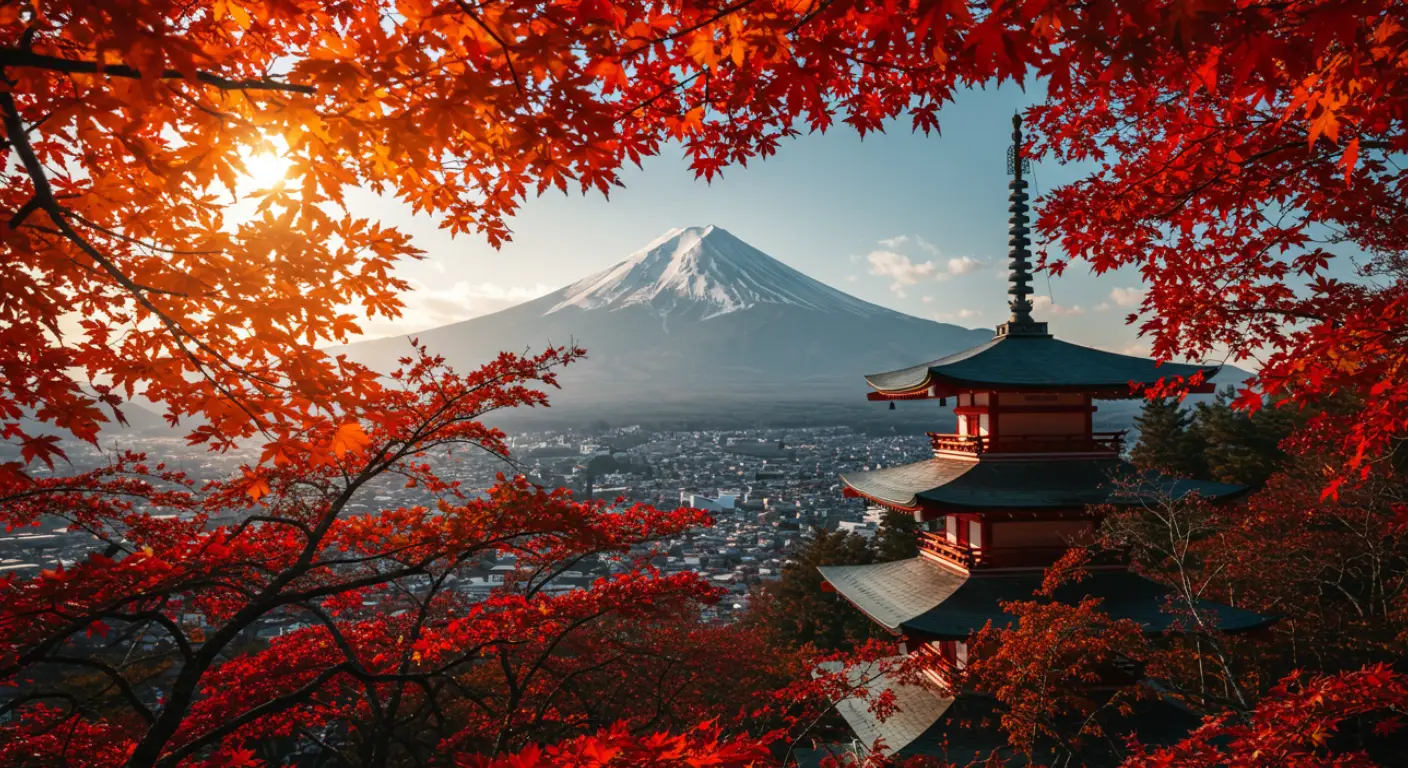 Muslim-Friendly Japan Tour Package for Families — scenic autumn view of Mount Fuji framed by vibrant red maple leaves, with a cityscape below.