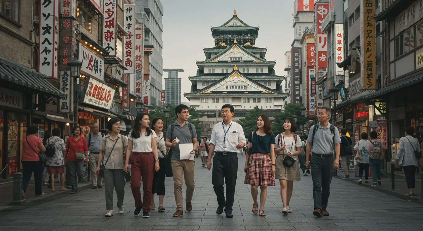 Small group of tourists on a guided tour in Osaka, walking with a local guide near a city landmark.
