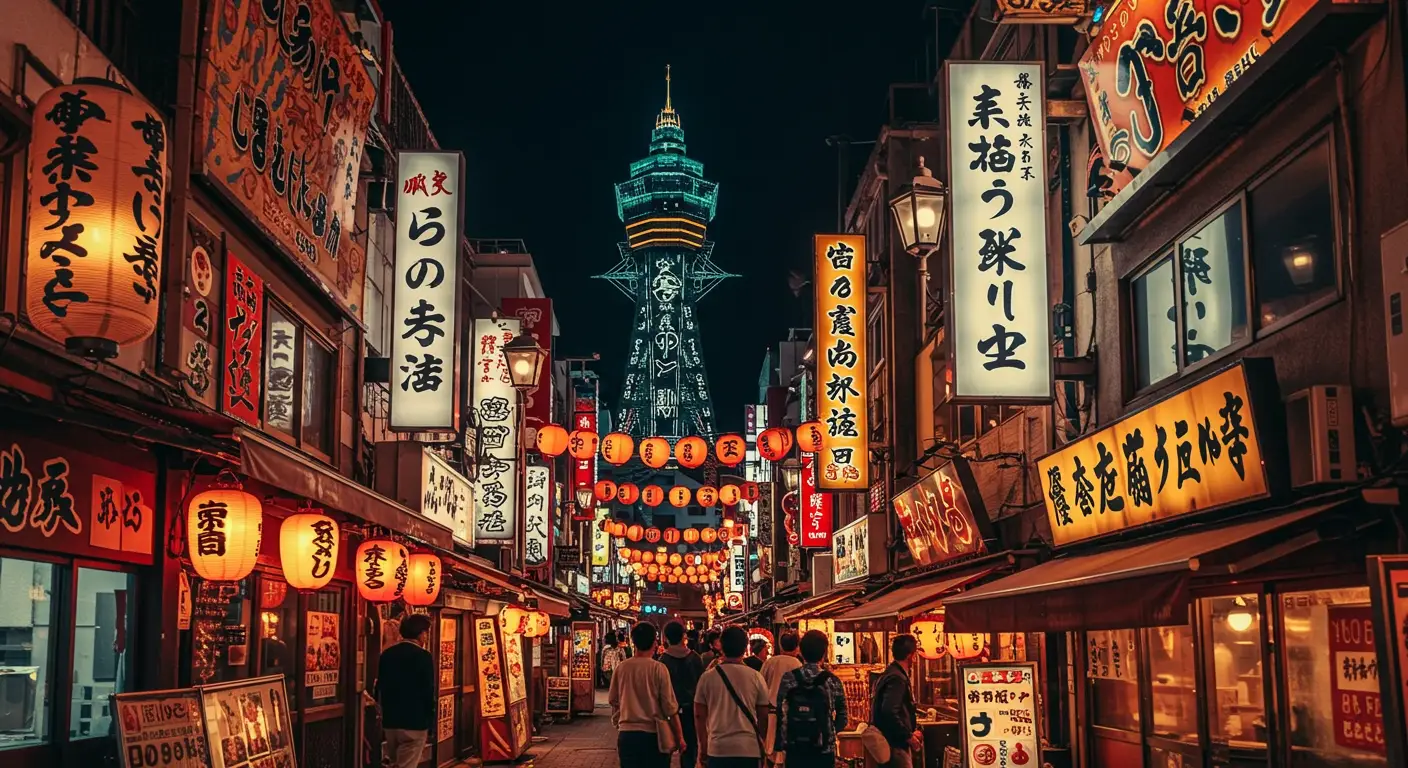 Vibrant night scene in Osaka’s Shinsekai district with Tsutenkaku Tower, neon lights, and local food stalls with an Osaka tour package
