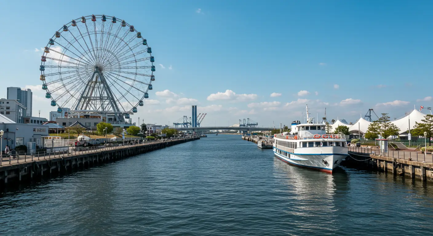 Daytime view of Tempozan Ferris Wheel and Santa Maria cruise boat in Osaka Bay