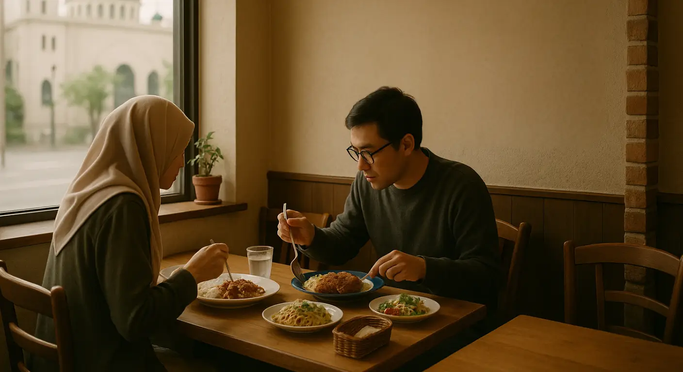 Halal restaurant near Masjid Kobe with diners enjoying Japanese halal food
