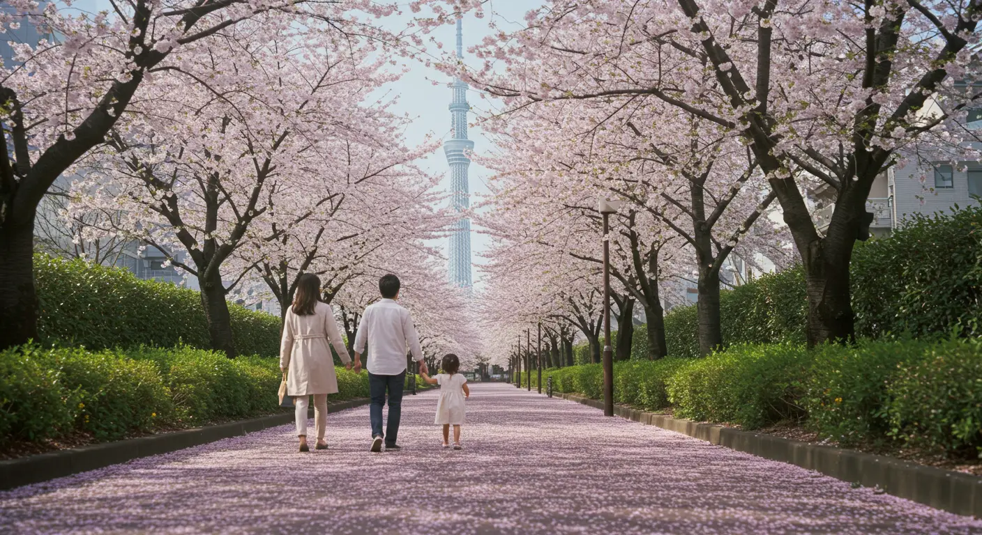 A family of three walking under cherry blossom trees on a quiet Tokyo path in spring, with Tokyo Tower in the background