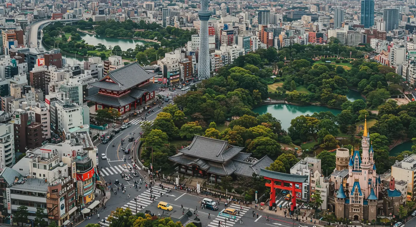 A collage of Tokyo landmarks including Shibuya Crossing, Senso-ji Temple, Tokyo Skytree, Meiji Shrine, Ueno Park, Shinjuku Gyoen, and DisneyLand