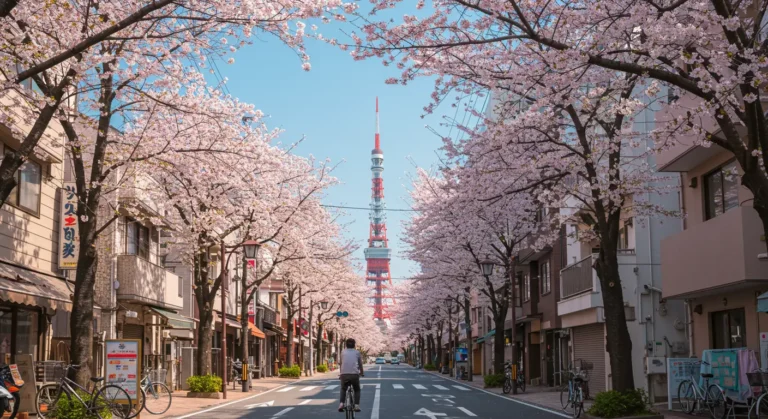 A spring scene of a Tokyo street lined with cherry blossom trees, with Tokyo Tower rising in the distance and petals falling as a cyclist rides through the sunlit street