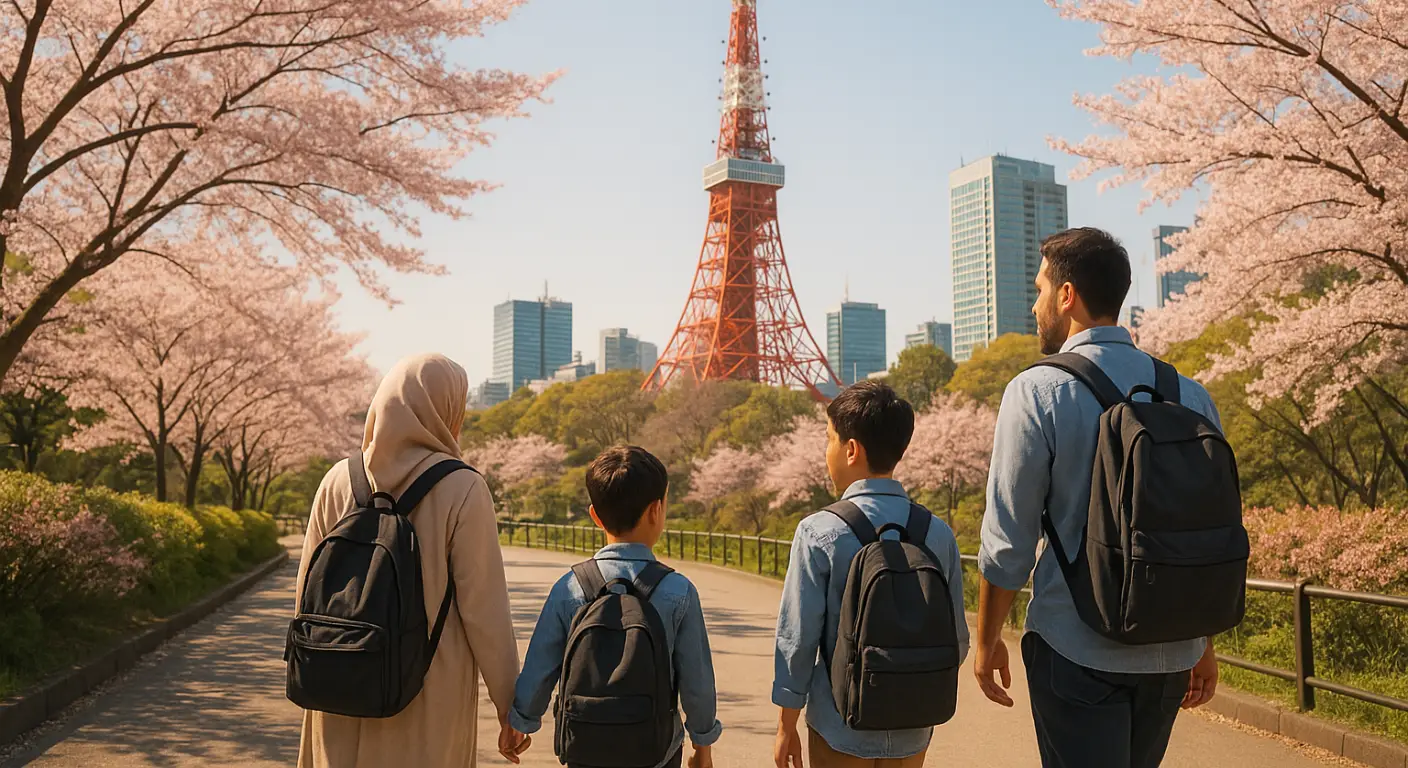 Muslim Malaysian family walking near Tokyo Tower during cherry blossom season in Japan