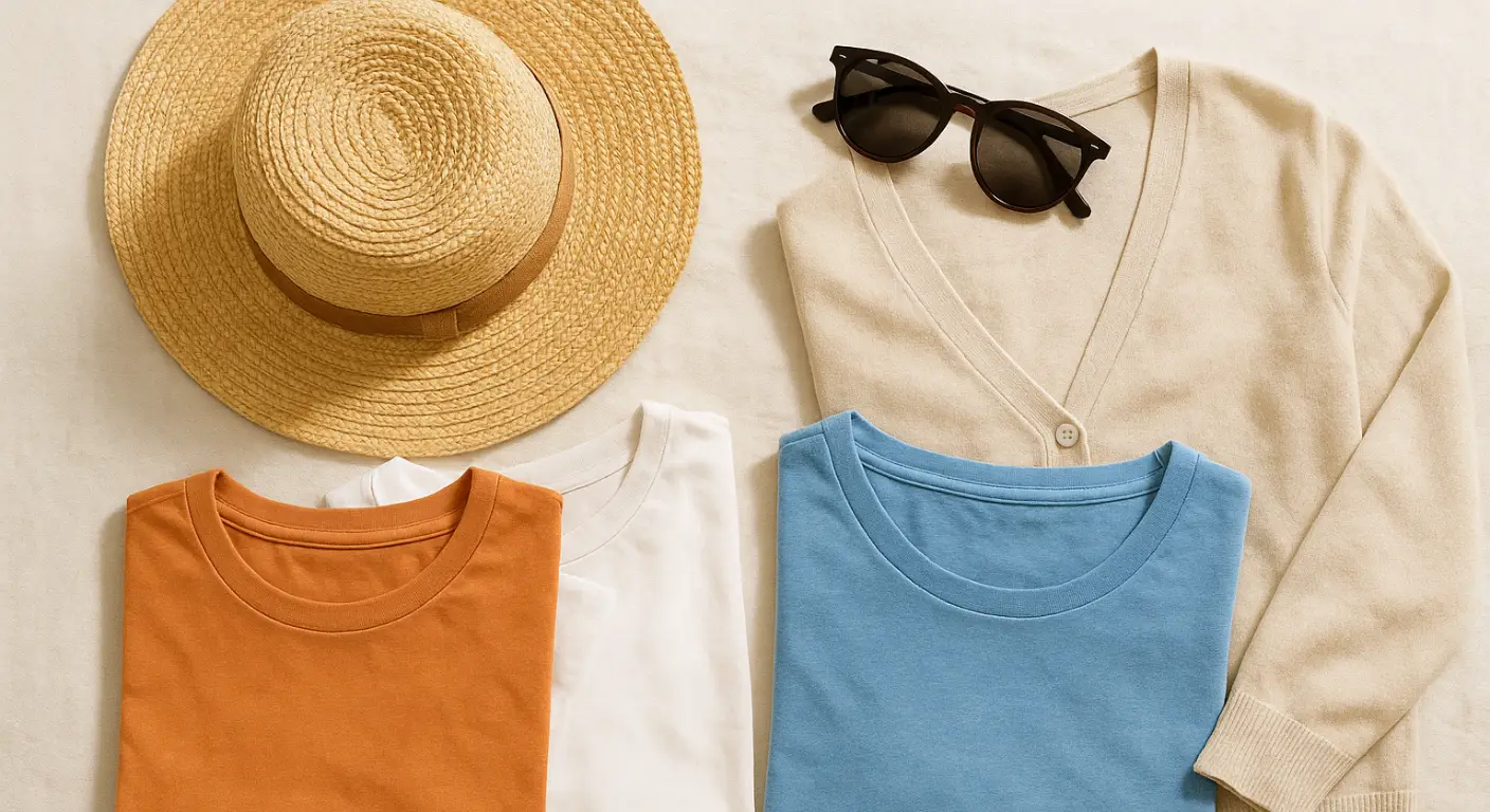Folded cotton T-shirts, linen pants, sunhat, sunglasses, and cardigan arranged neatly on a light surface.