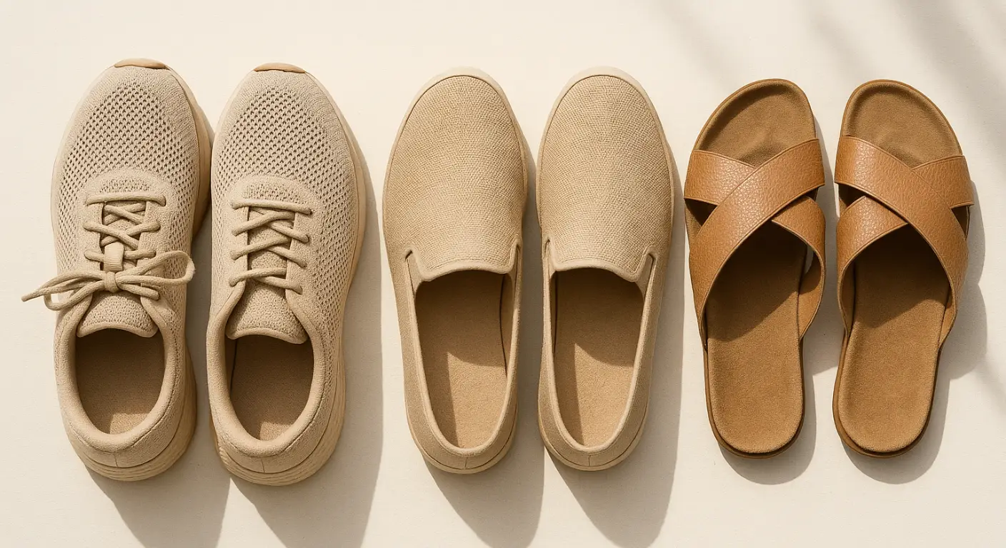 Flat-lay of slip-on shoes, sandals, and breathable sneakers on a clean, bright background.