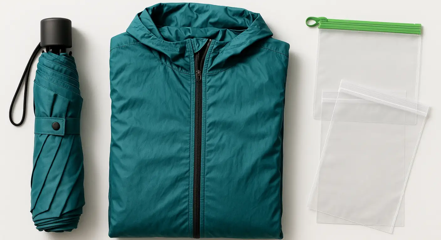 Compact umbrella, rain jacket, zip-lock bags, and waterproof pouch on a bright surface for wet weather travel in Japan.