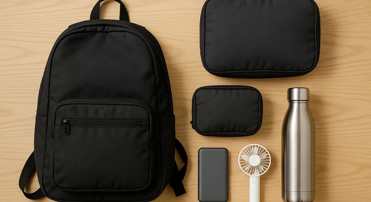 Daypack, packing cubes, power bank, fan, and water bottle neatly arranged for summer travel to Japan.