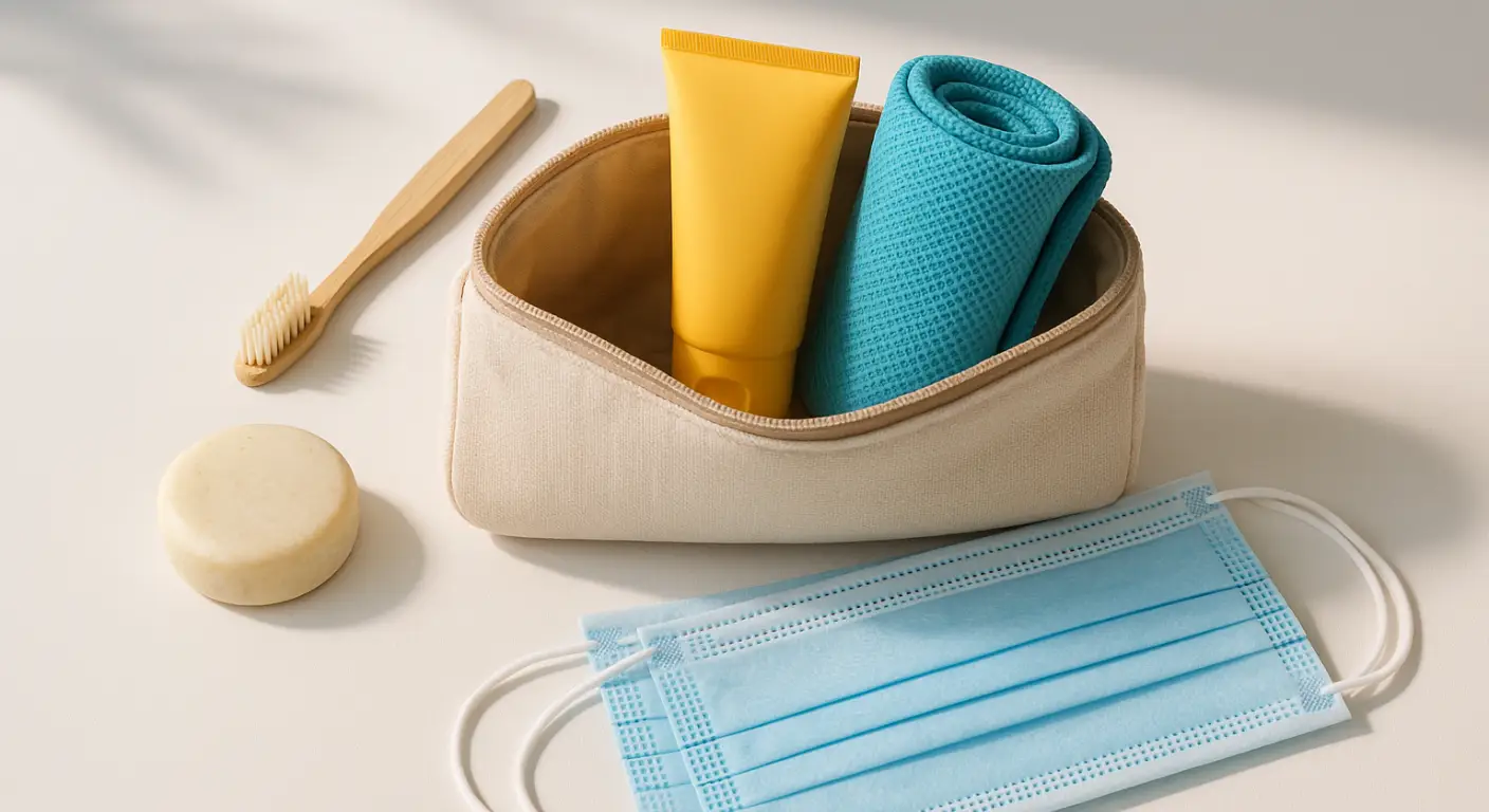Toiletry kit with sunscreen, solid shampoo, toothbrush, face mask, and towel on a clean white background.