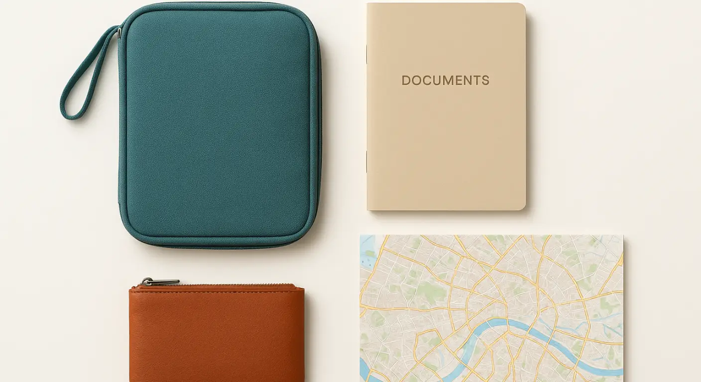 Travel pouch with blank document holder, coin purse, and non-branded map on a bright flat-lay setup.