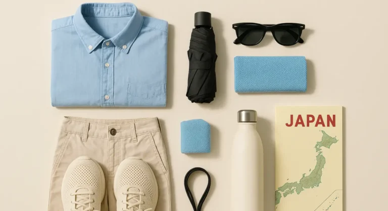 Overhead flat-lay of lightweight summer clothes, compact umbrella, sunglasses, shoes, towel, and reusable water bottle for Japan travel.